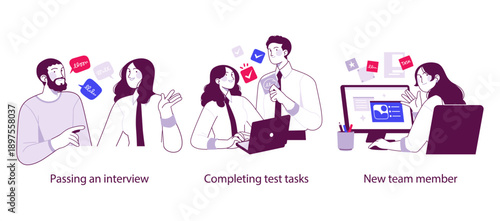 Flat outline illustration depicting key stages of hiring: passing an interview, completing test tasks, and joining a company as a new team member. Represents recruitment, evaluation, and onboarding in