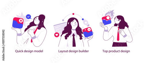 Flat outline illustration showing a quick design model, layout design builder, and top product design, highlighting an efficient product design workflow from concept to polished result.