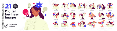 High-quality flat illustration set featuring digital business concepts, creative thinking, collaboration, marketing, and online workflows. Ideal for websites, presentations, startups, and modern busin