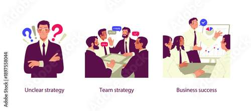 Flat business illustration showing transition from unclear strategy to team strategy and business success through collaboration, leadership, and data driven planning.
