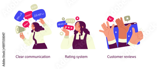 Flat business illustration showing clear communication, rating system, and customer reviews with messages, stars, likes, and feedback icons for trust building.
