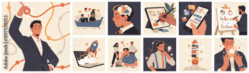 Stylized illustration set showing business creativity, leadership, teamwork, innovation, productivity, digital tools, learning, and professional growth concepts.