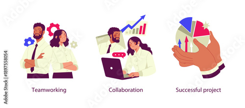 Flat business illustration showing teamwork, collaboration, and successful project completion with professionals working together, data charts, and shared goals.