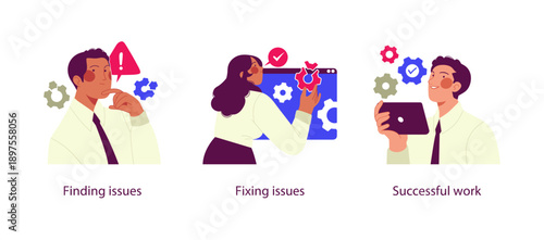 Flat business illustration showing the workflow of finding issues, fixing problems, and achieving successful work through analysis, optimization, and problem solving.