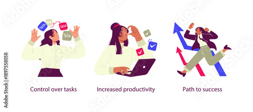 Flat business illustration showing control over tasks, increased productivity, and a clear path to success through focus, planning, and effective work management.