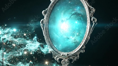 A classical, ornate silver mirror reflects a vibrant, swirling nebula and ethereal, turquoise light