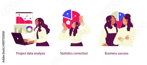Flat business illustration showing project data analysis, statistics correction, and business success through accurate insights, teamwork, and data driven decisions.