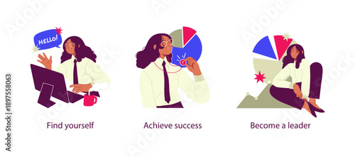 Flat business illustration showing personal development journey from self discovery to achieving success and becoming a confident leader with career growth concepts.