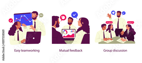 Flat business illustration showing easy teamwork, mutual feedback, and group discussion with professionals collaborating, sharing insights, and improving results together.