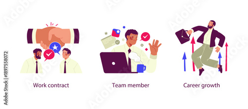 Flat business illustration showing work contract agreement, active team member collaboration, and career growth with professional development and success concepts.