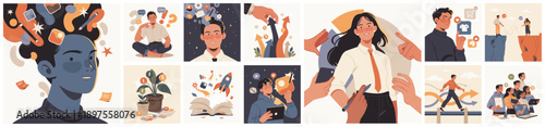 Stylized illustration set showing creative mindset, learning, productivity, collaboration, self improvement, and modern personal development through expressive visual storytelling.