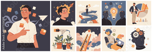 Stylized illustration set showing creative thinking, productivity, innovation, learning, personal development, and growth paths with modern lifestyle and work concepts.
