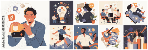 Stylized illustration set showing business innovation, creativity, teamwork, digital communication, productivity, and growth with modern entrepreneurial and professional concepts.
