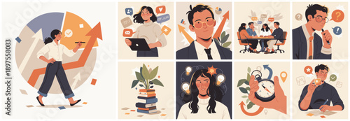 Stylized illustration illustration set showing personal growth, productivity, decision making, teamwork, learning, and business progress through modern lifestyle scenes.