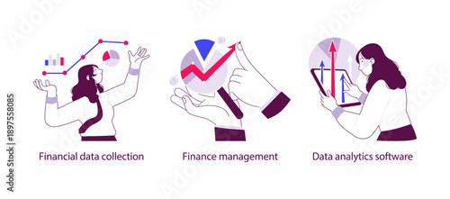 Flat outline illustration showing financial data collection, finance management, and data analytics software with charts, metrics, and data driven business insights.