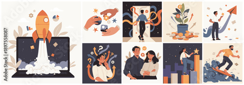 Stylized illustration set showing startup growth, innovation, teamwork, decision making, funding, and business success with modern creative and entrepreneurial concepts.