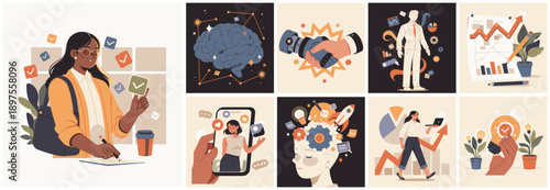 Stylized illustration set showing innovation, creative thinking, business growth, technology, collaboration, and personal development through modern visual storytelling.