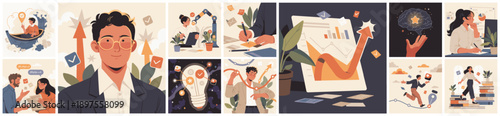 Stylized illustration set showing business growth, innovation, creativity, analytics, teamwork, and personal development with modern professional and startup concepts.