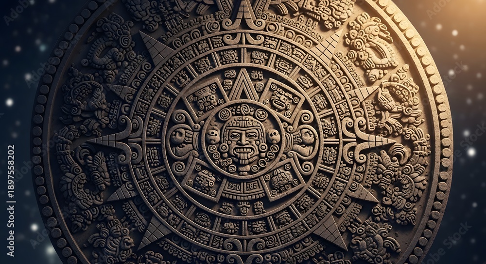 Obraz premium Ancient Mayan Aztec Calendar Stone Dramatic Cosmic Detail