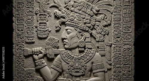 Ancient Mayan Stone Relief Sculpture King Ruler Glyphs Panel