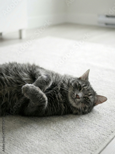 Serene Domesticity: A relaxed gray cat reclines contentedly on a soft rug, exuding an air of peaceful tranquility.