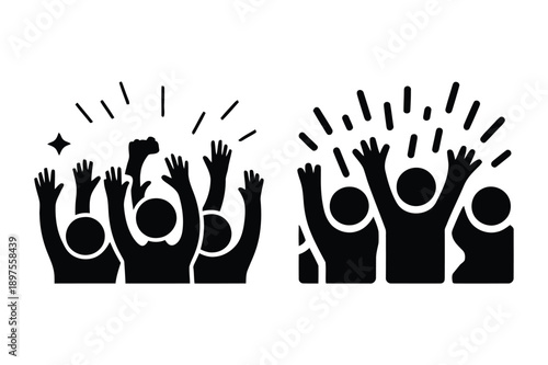Crowd Cheering Icons: Hands Raised in Celebration