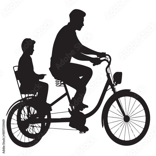 Silhouette of a father and his young son riding a tandem bicycle, with the father pedaling in front and the child seated securely in a rear child seat on transparent background