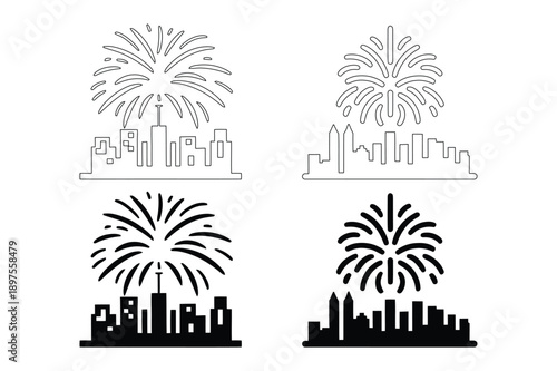 City Skyline Fireworks: Festive Night Celebration Icons