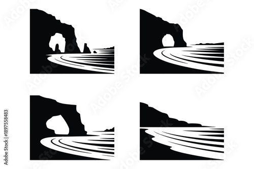 Coastal Landscape Icons: Arch, Beach, and Ocean Scene