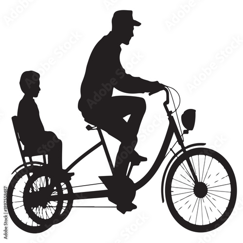 Silhouette of father riding tandem bicycle with child in back seat enjoying family outdoor activity together