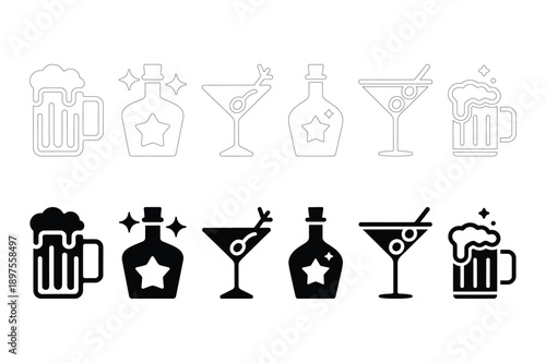 Bar Drinks Icons: Beer Mugs, Martinis, and Bottles