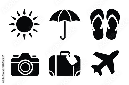 Travel and Vacation Icons: Sun, Umbrella, Airplane, Suitcase