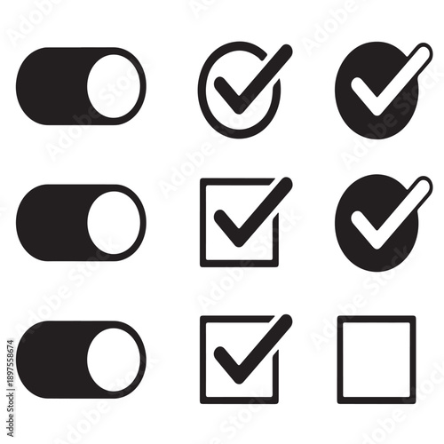 Collection of black vector icons representing toggle switches and various forms of checkmarks in different styles