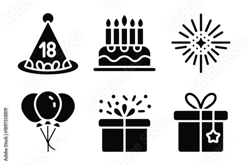 Birthday Party Icons: Balloons, Cake, Gifts