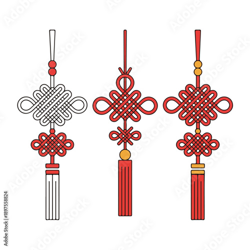 Traditional chinese knot ornaments with red silk tassels and golden beads symbols of good luck and prosperity for lunar new year celebrations and oriental cultural decorations vector set