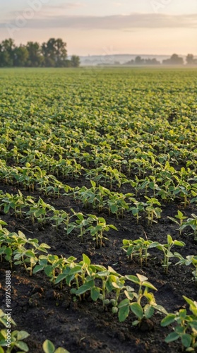 Rows of young soybean plants growing in a vast agricultural field at sunrise
