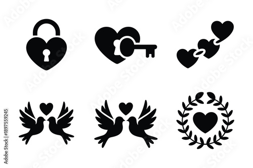 Love and Relationship Icons: Hearts, Keys, Lock, Doves, and Laurel Wreath