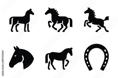 Horse and Horseshoe Icons: Equine, Riding, and Good Luck Symbols