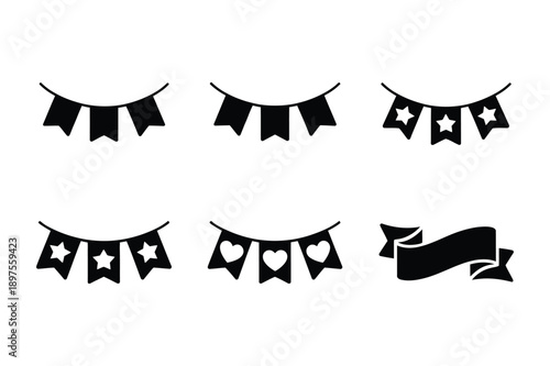 Party Banner and Ribbon Icons: Flags, Stars, Hearts, Festive Decor