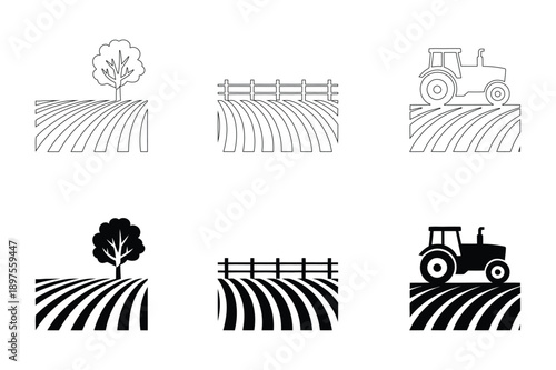 Farm Landscape Icons: Fields, Tractor, Tree, Fence