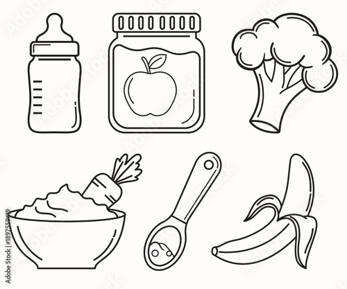 Black and white line art icons of baby feeding bottle, jar and fresh vegetables. Healthy Nutrition, Infant Weaning