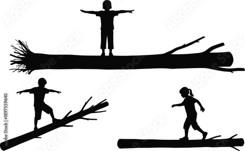 Black silhouette vector illustration of children balancing and walking on fallen tree logs, perfect for nature and outdoor adventure designs