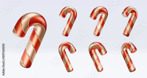 Set rotating golden candy cane with red stripes and shadow. Christmas vector illustration for postcard, business card, decor, design, arts, party, sale, advertising