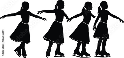 Set of Four Black Silhouette Vector Illustrations Featuring Female Ice Skaters in Artistic Performance Poses on White Background with Skates