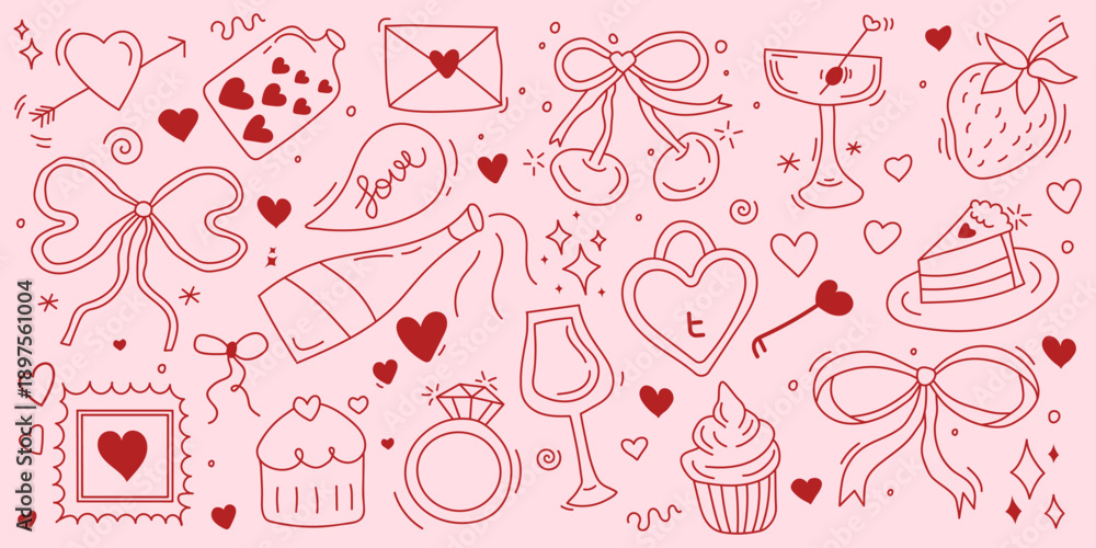 Naklejka premium A set of cute hand-drawn icons featuring hearts, love symbols, bows, strawberries, champagne, and desserts. Perfect for all lovers, cards, invitations, weddings, and birthdays. Vintage vector