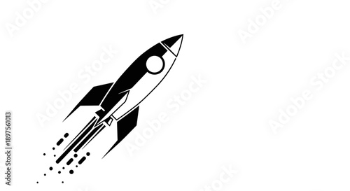Stylized Black Rocket Ship Ascending with Fiery Exhaust.