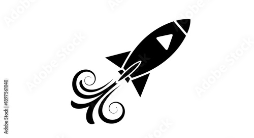 Stylized Black Rocket Ship Launching with Swirling Exhaust.