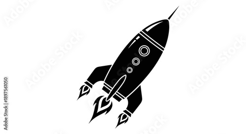Stylized Black Silhouette of a Rocket Ship Ascending.