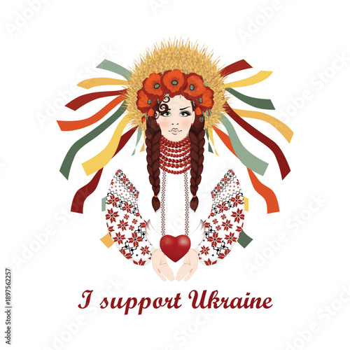 I support Ukraine. Beautiful brunette in Ukrainian embroidered dress with braided hair and wreath of wheat ears, red poppies and ribbons