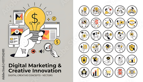 Creative concept vector illustrations showing design, art, and idea generation. Includes teamwork